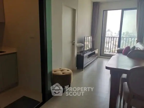 Modern living room with city view and stylish furniture