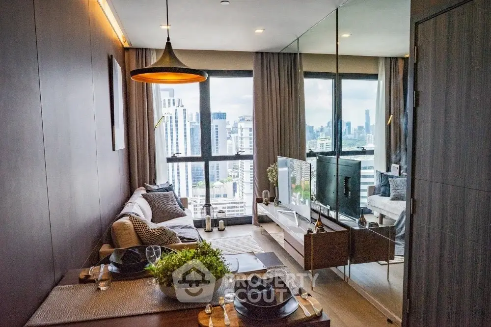 Modern living room with city view, stylish decor, and large windows.