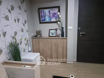 Stylish living room corner with modern decor and elegant wooden cabinet