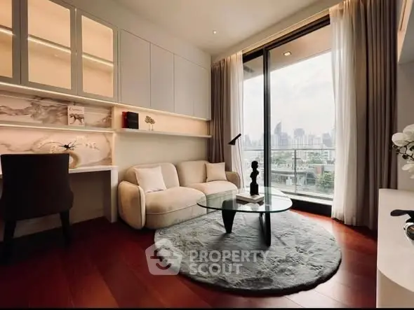 Luxurious living room with city view, elegant furniture, and modern decor in high-rise apartment.