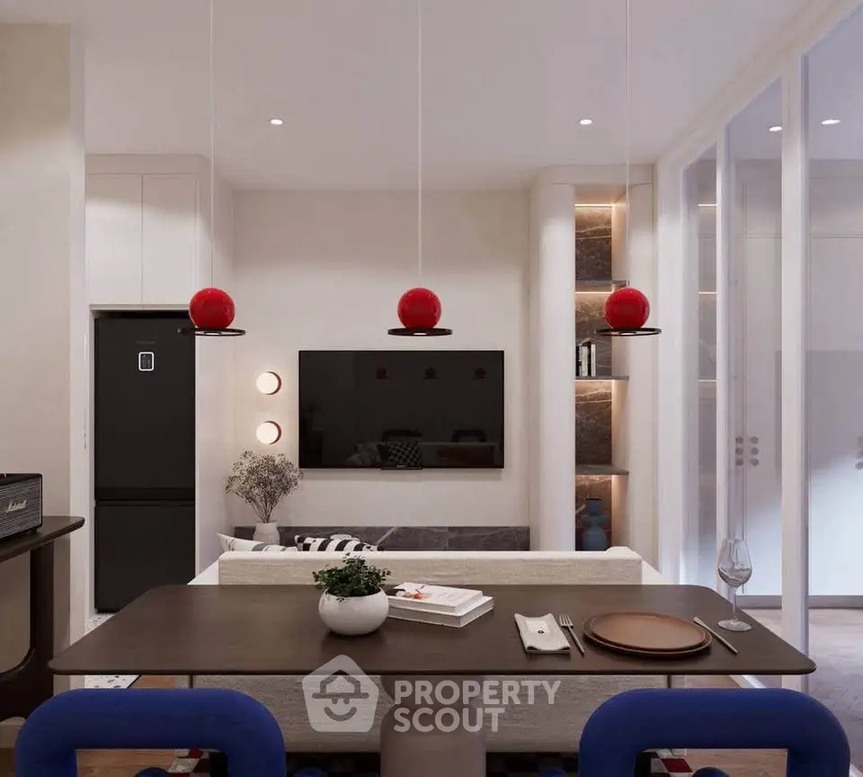 Modern living room with stylish dining area and sleek decor