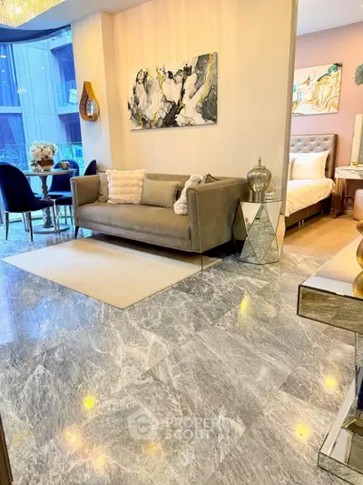 Luxurious modern living room with marble flooring and elegant decor