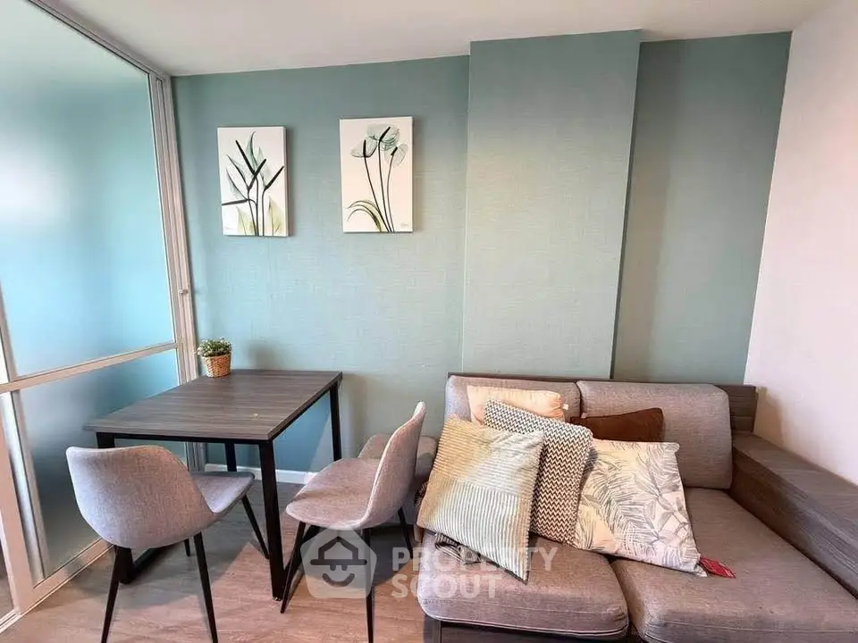 Modern living room with stylish decor and cozy seating area