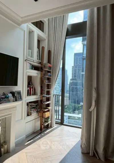 Luxurious living room with floor-to-ceiling windows and city view, featuring elegant built-in shelves and high ceilings.
