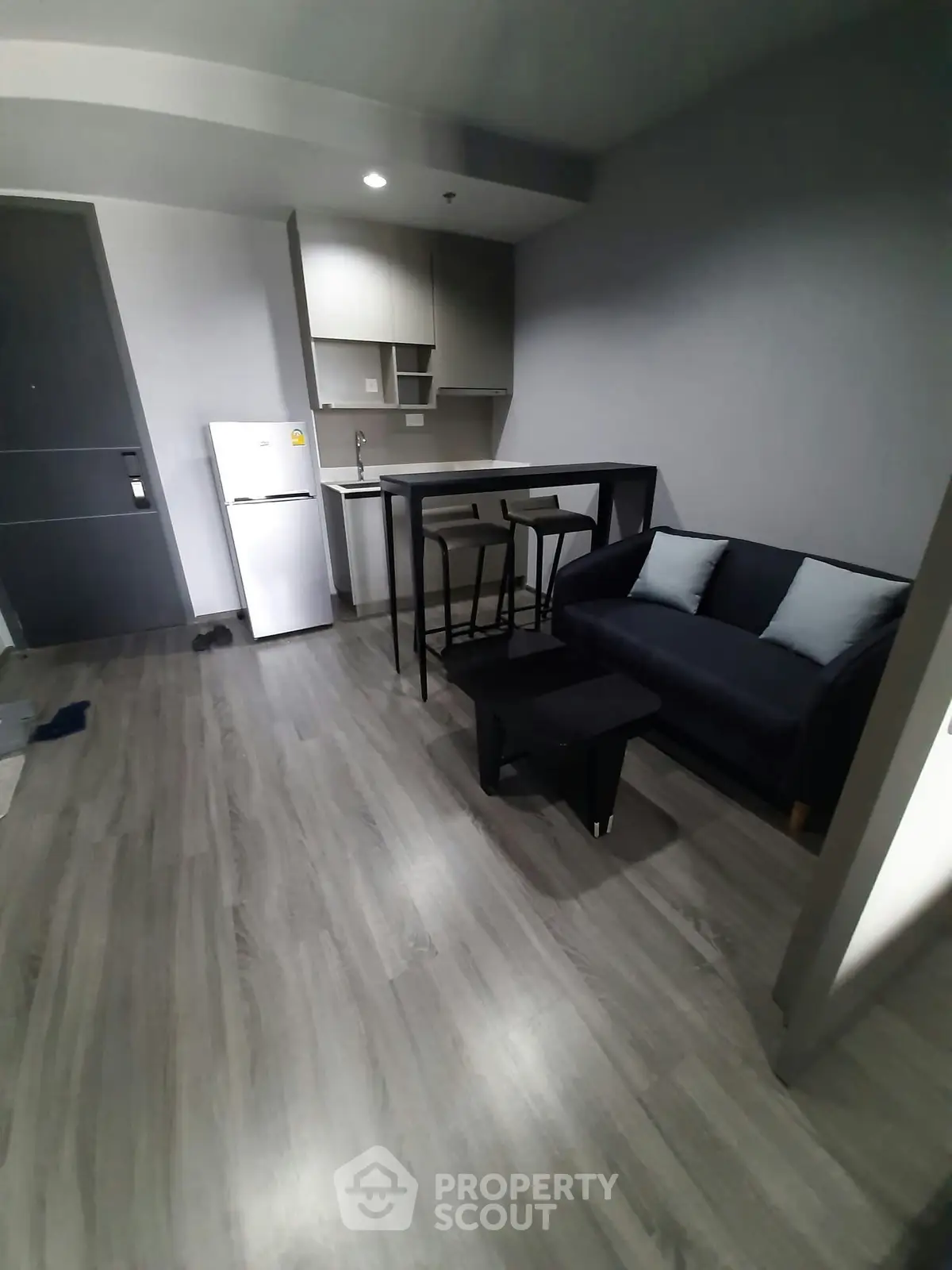 Modern studio apartment with sleek kitchen and cozy living area
