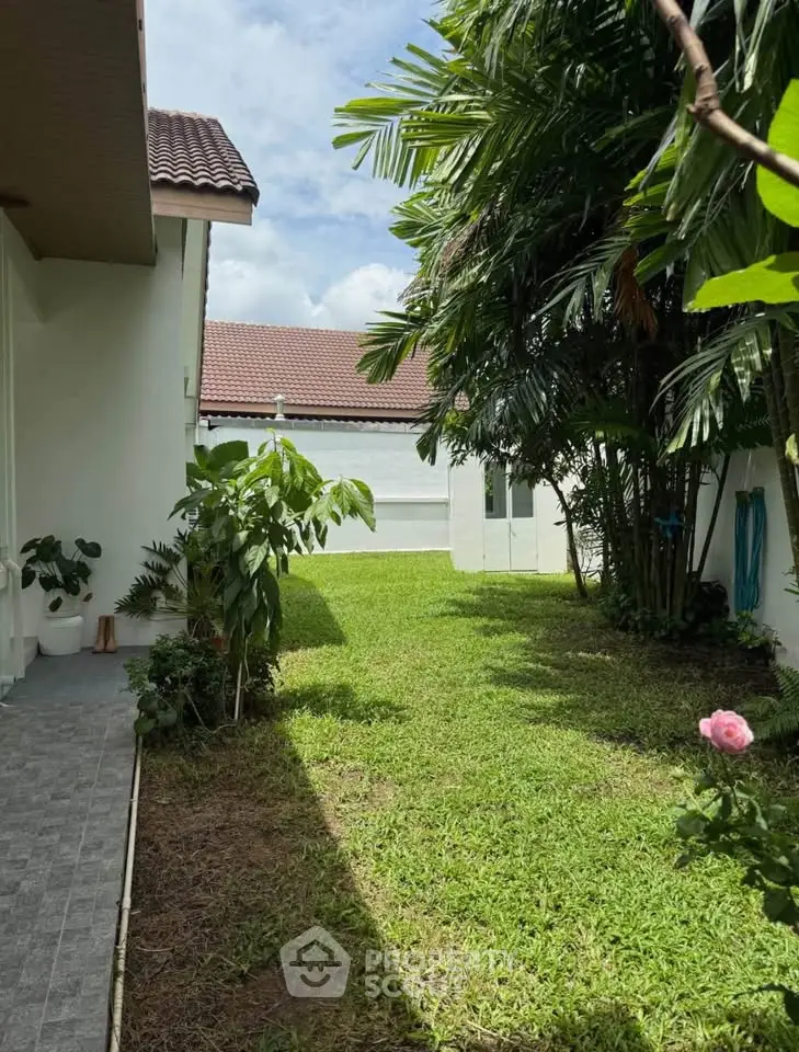 Charming garden view with lush greenery and modern house exterior