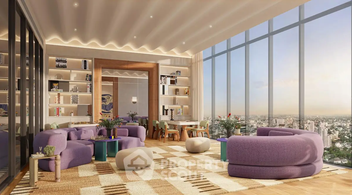Luxurious modern living room with panoramic city views and elegant purple furniture.