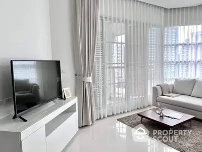 Elegant minimalist living room with large windows draped in sheer curtains, modern furniture, and a serene color palette.