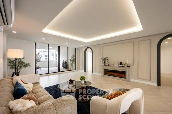 Luxurious modern living room with elegant lighting and spacious design