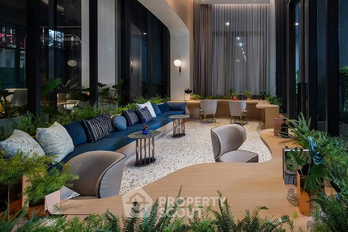 Luxurious modern living room with elegant decor and lush greenery, perfect for relaxation and entertaining.