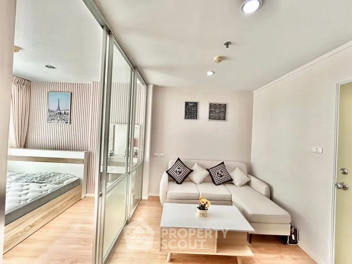 Modern living room with cozy sofa and stylish decor in a bright apartment