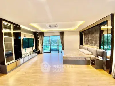 Luxurious modern bedroom with sleek design and large windows offering scenic views.