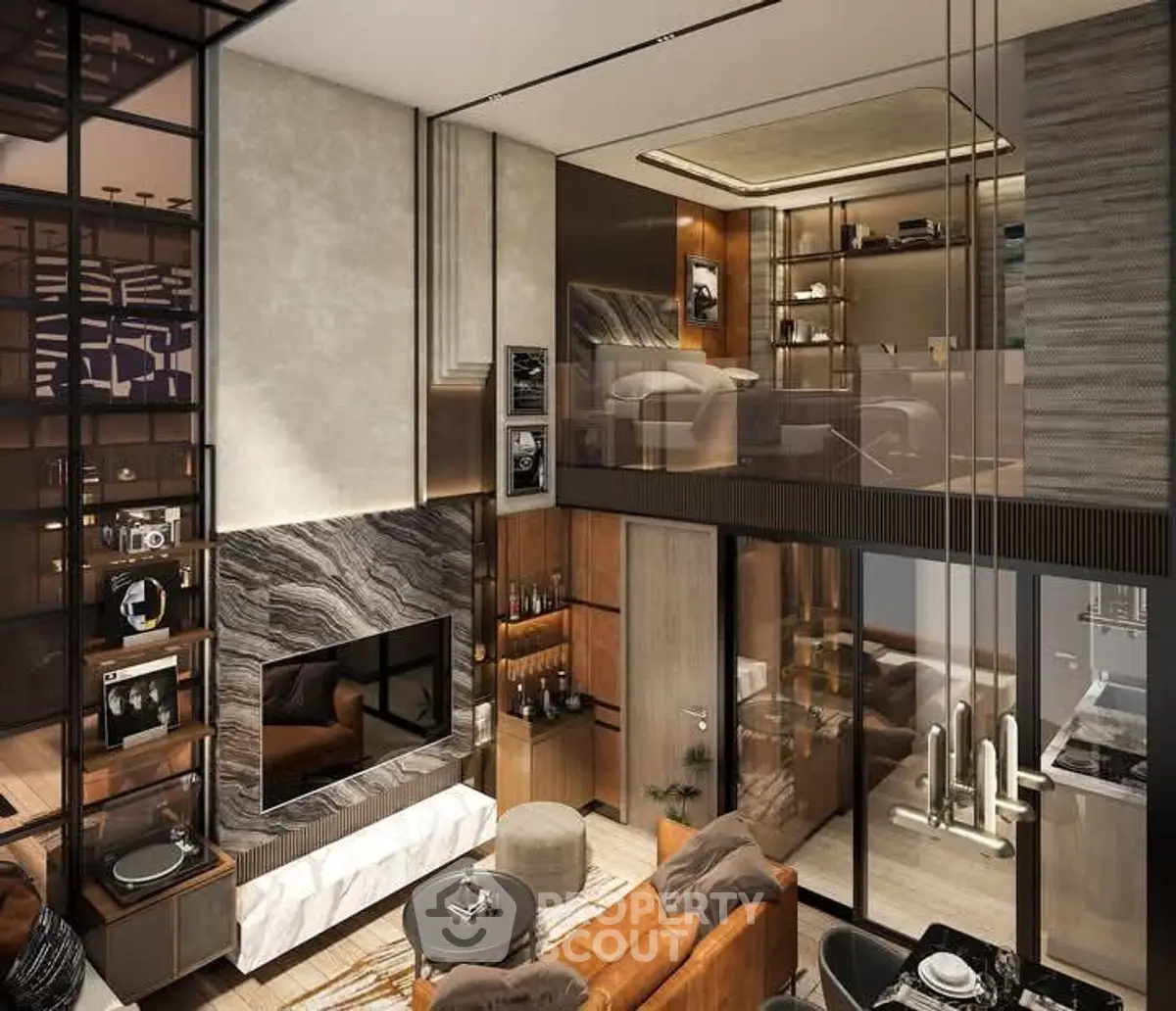 Luxurious modern living room with high ceilings and elegant decor