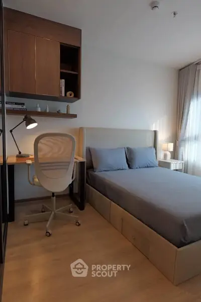 Modern bedroom with sleek design, featuring a cozy bed, stylish desk, and ample natural light.