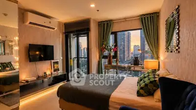 Luxurious bedroom with city view, modern decor, and elegant lighting in a high-rise apartment.
