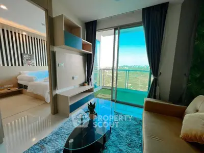 Modern living room with balcony and scenic view in luxury apartment