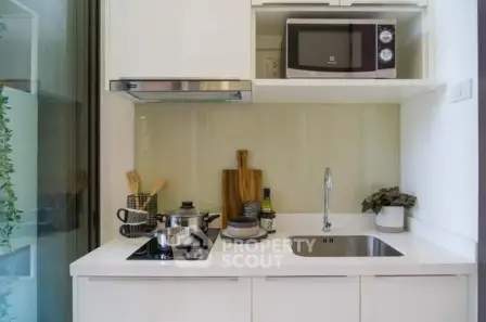 Modern compact kitchen with sleek appliances and stylish decor