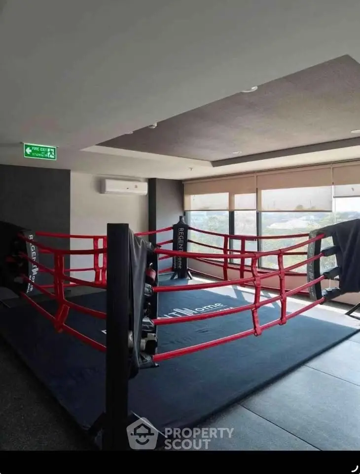 Modern gym with boxing ring and large windows in luxury apartment complex