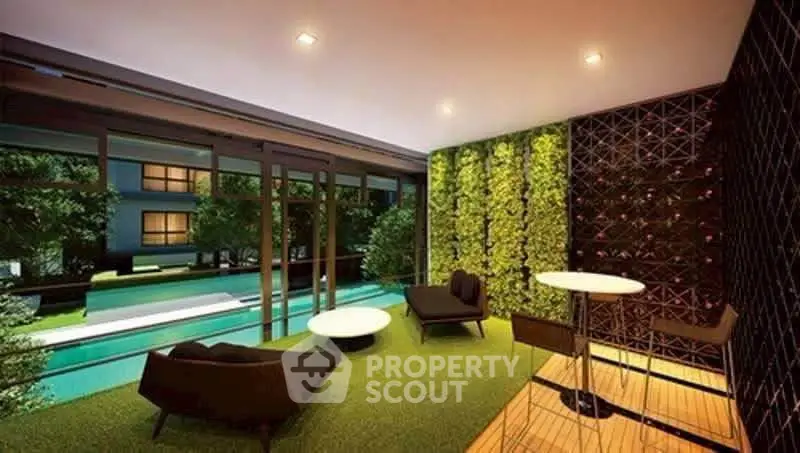 Luxurious modern living room with garden view and stylish furniture