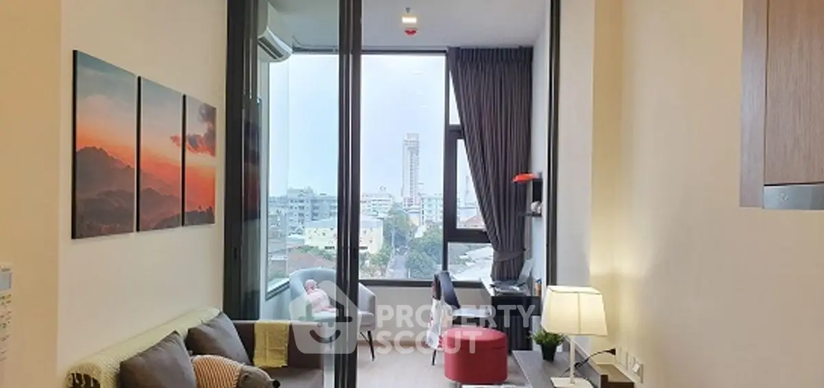 Modern living room with city view and stylish decor