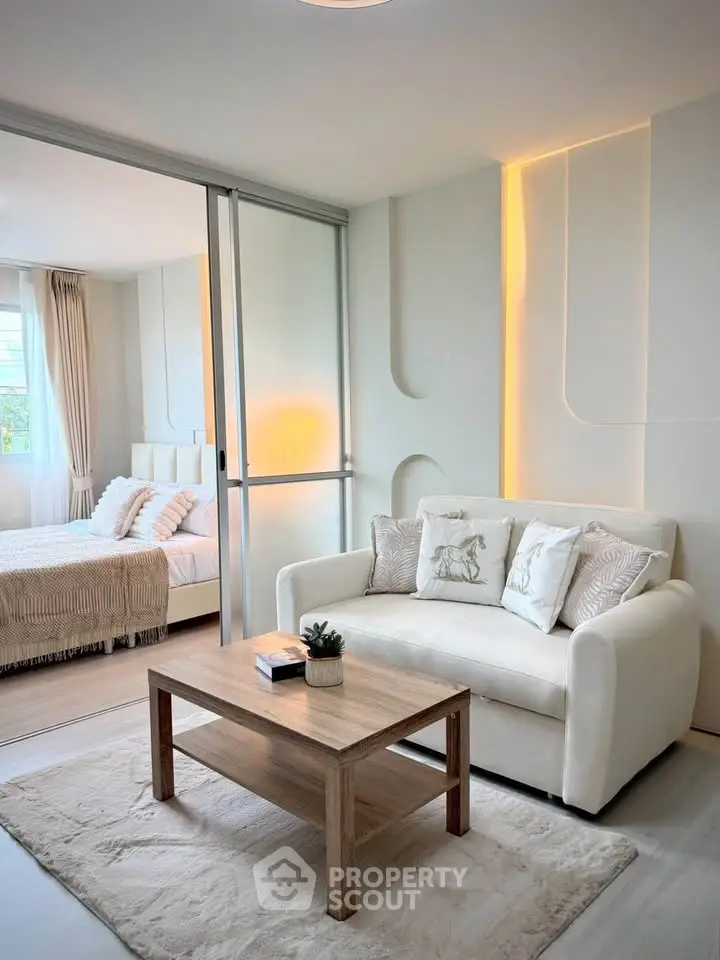 Modern living room with cozy sofa and stylish decor in a bright apartment
