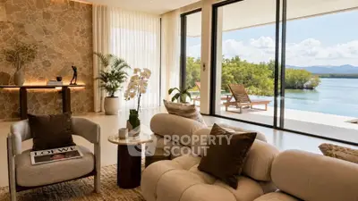 Luxurious living room with stunning lake view and elegant decor