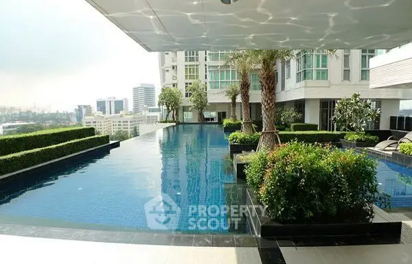 Luxurious rooftop pool with stunning city views and lush greenery