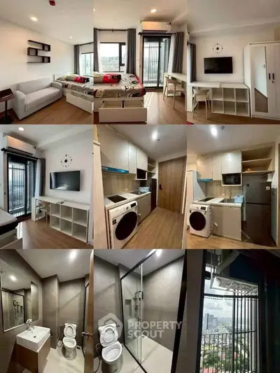 Modern apartment interior with bedroom, kitchen, and city view balcony.