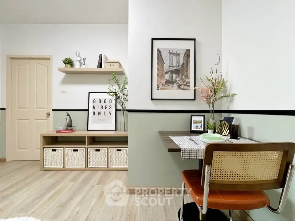 Stylish study nook with modern decor and shelving in cozy apartment