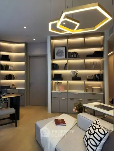 Modern living room with stylish shelving, geometric lighting, and cozy seating area.