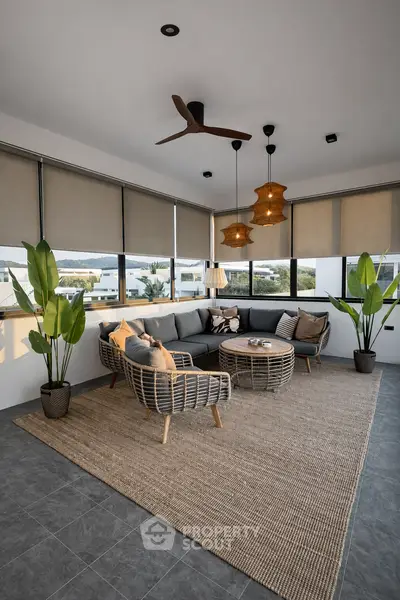 Stylish modern living room with panoramic windows and cozy seating area, perfect for relaxation.