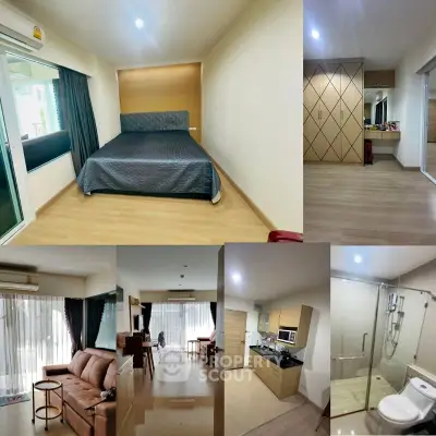Modern apartment interior with spacious living room, cozy bedroom, and sleek kitchen design.