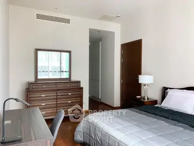 Spacious bedroom with modern furniture and natural light