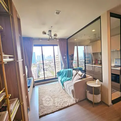 Stylish living room with city view and modern decor