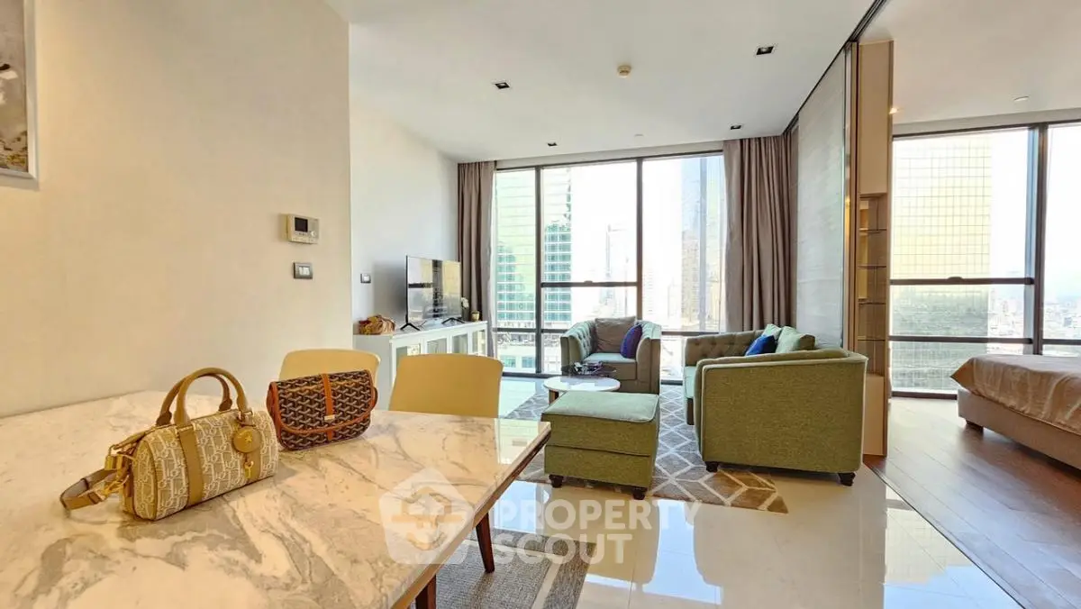 Luxurious modern living room with city view and elegant decor