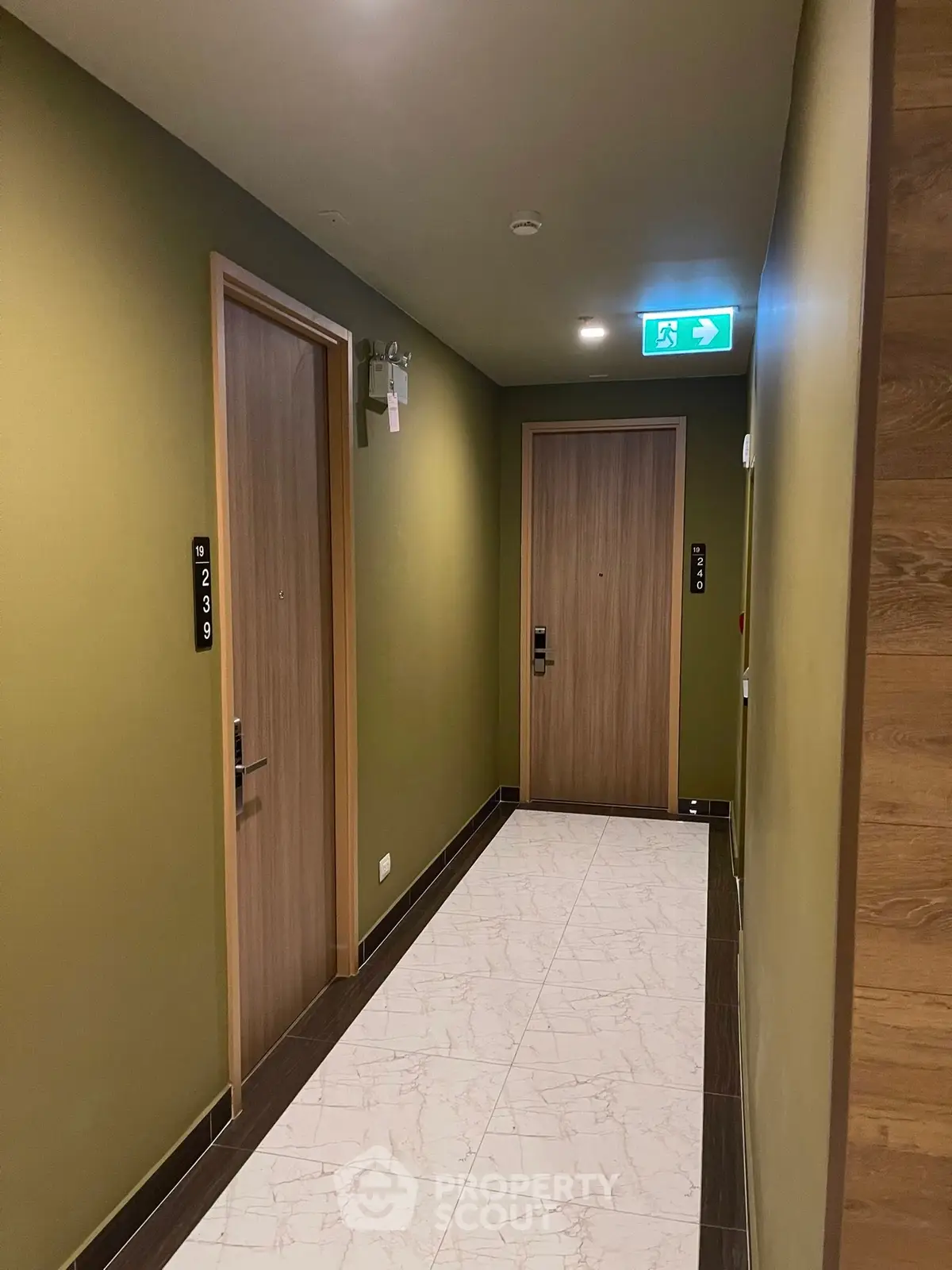 Modern apartment hallway with sleek wooden doors and stylish lighting