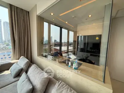 Modern living room with city view and open kitchen layout in luxury apartment