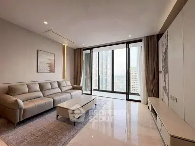 Luxurious modern living room with stunning city view and elegant furnishings.