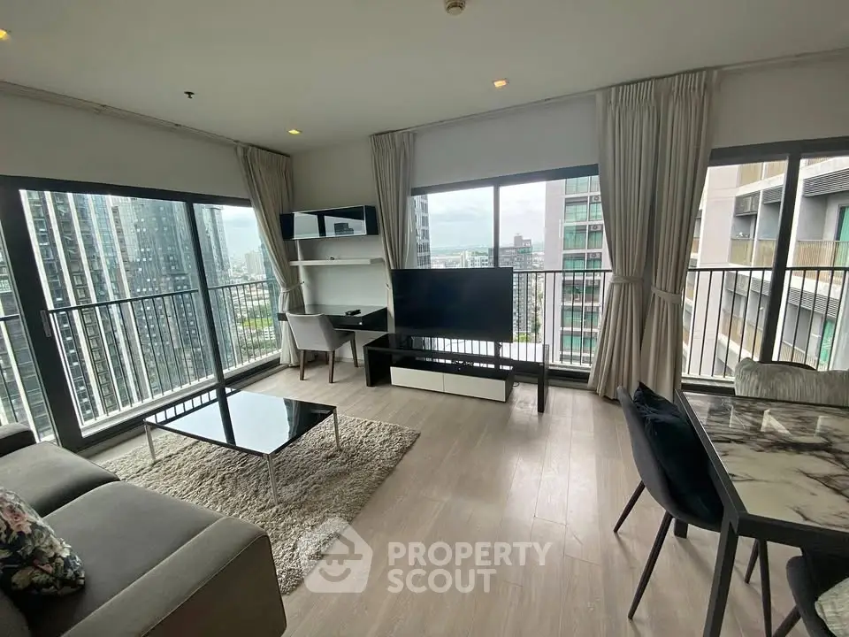 Modern high-rise living room with panoramic city views and stylish furnishings.