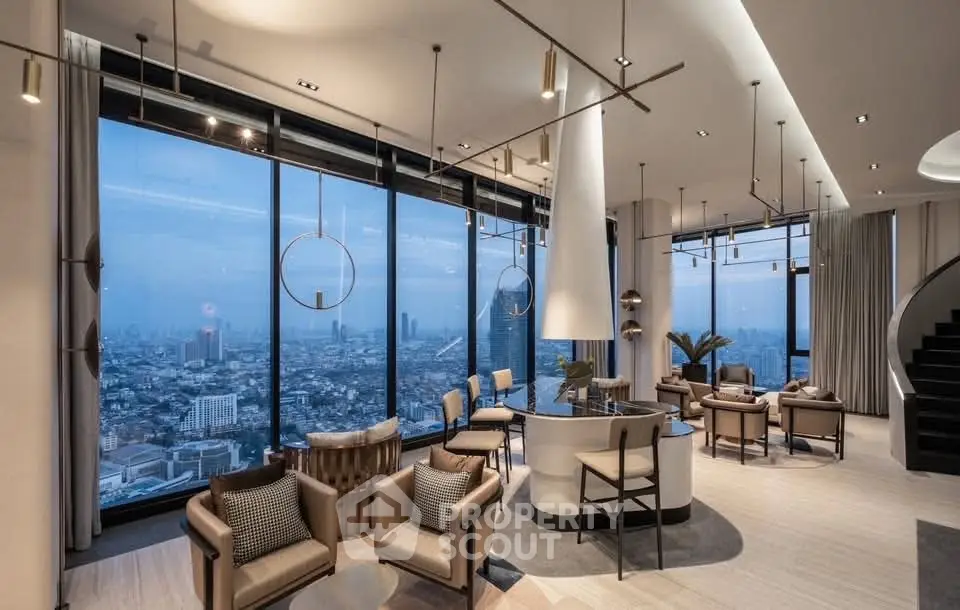 Luxurious living room with panoramic city view and modern decor
