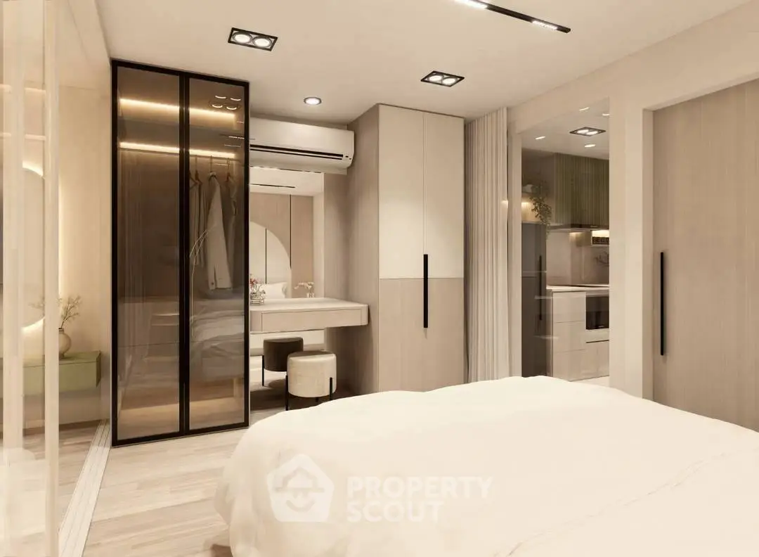 Modern bedroom with sleek design, featuring built-in wardrobe and cozy lighting.