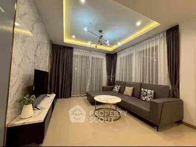 Luxurious modern living room with elegant lighting and stylish furniture