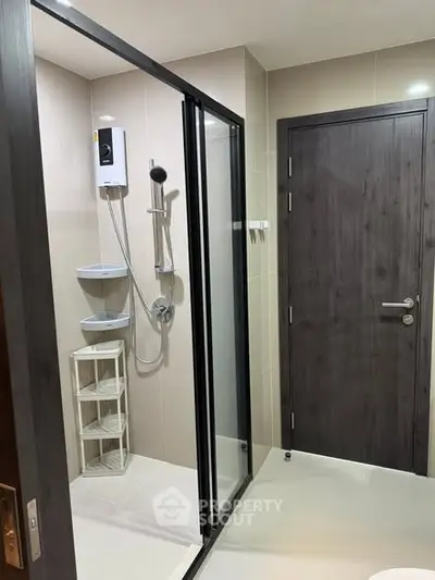 Modern bathroom with sleek shower enclosure and wooden door