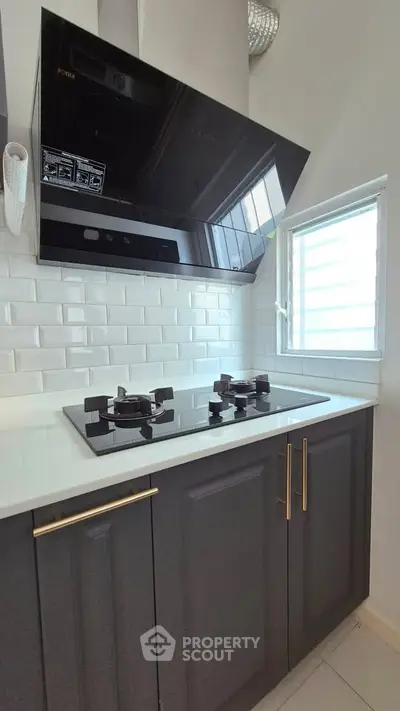 Modern kitchen with sleek black gas stove and stylish cabinetry