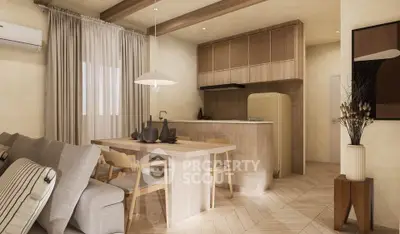 Stylish open-plan living room and kitchen with modern decor and natural wood finishes.