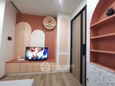 Stylish modern living room with unique wall design and built-in TV unit