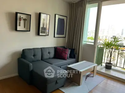 Stylish living room with modern sofa and balcony view