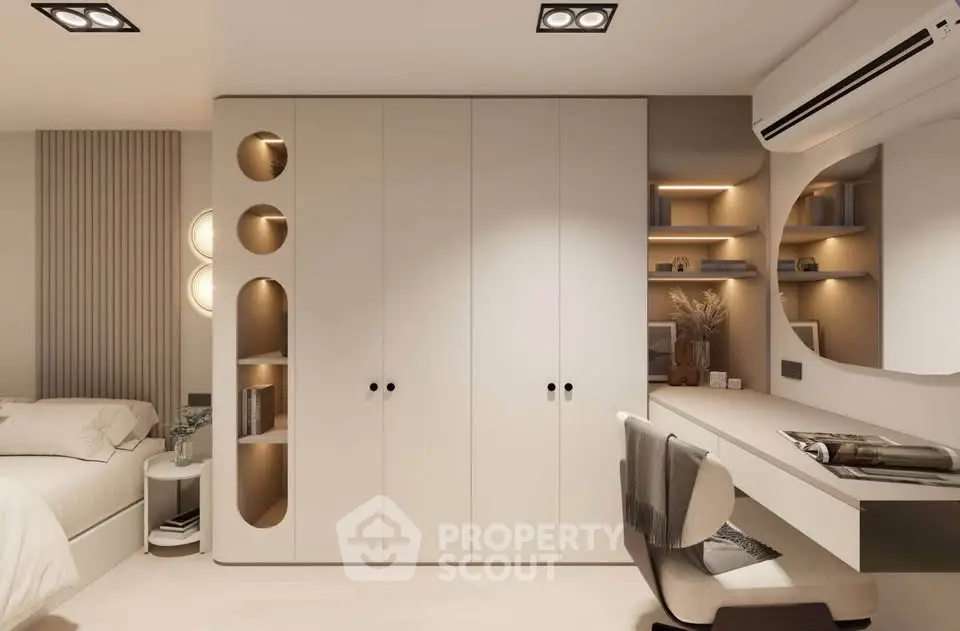 Modern bedroom with built-in wardrobe and stylish desk area