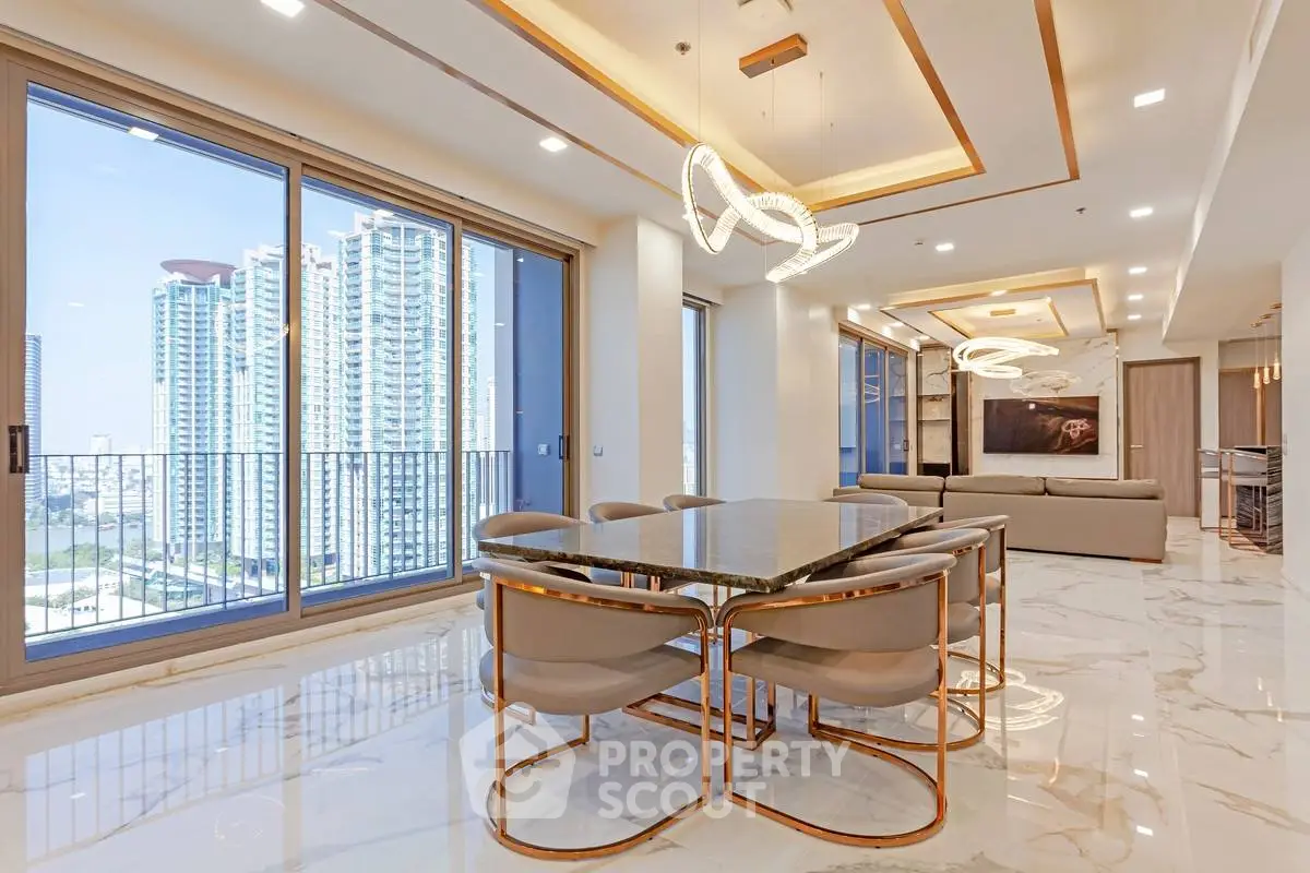 Luxurious modern living room with stunning city view and elegant dining area