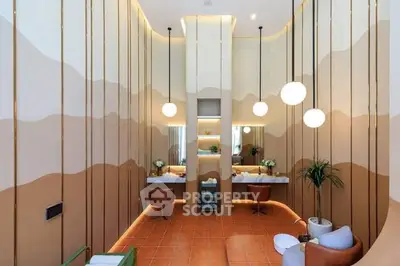 Stylish modern bathroom with unique wall design and elegant lighting